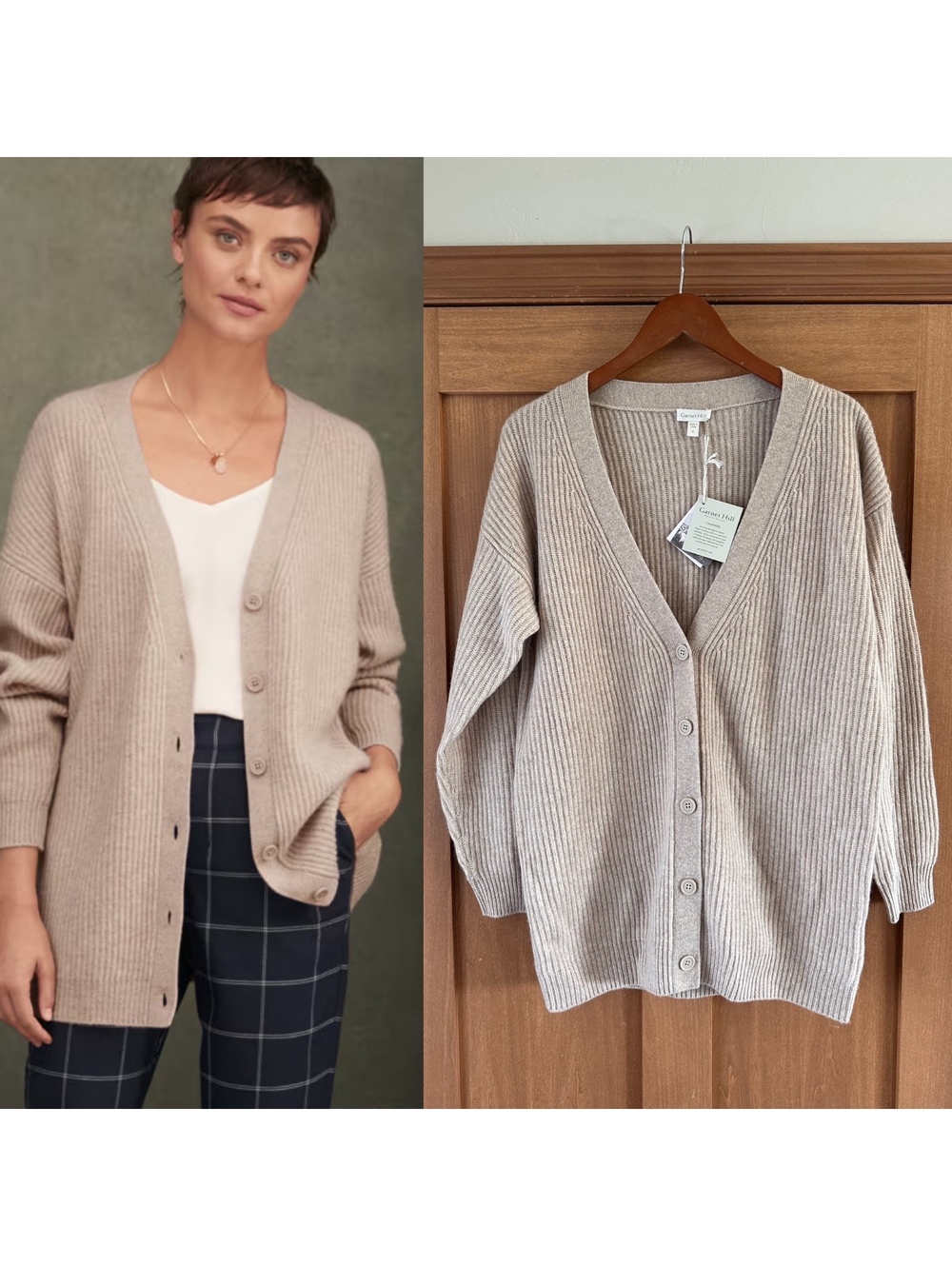 NWT Garnet Hill Oversized 100% Cashmere Boyfriend Cardigan Beige Women’s Small